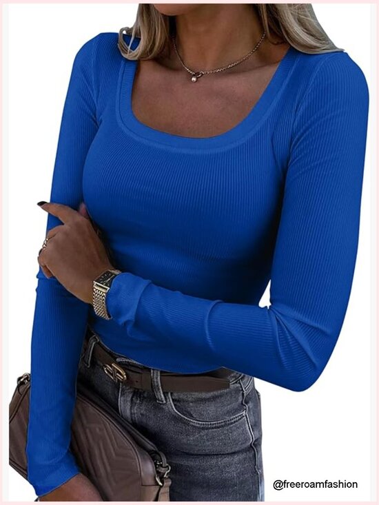 Tops - Long Sleeve Scoop Neck Ribbed Knit Slim Fit T-Shirt Rayon Spandex